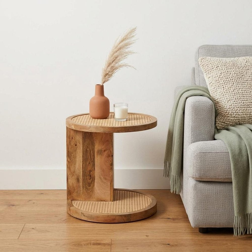 18" Brown Rattan and Solid Wood Round End Table — view 1