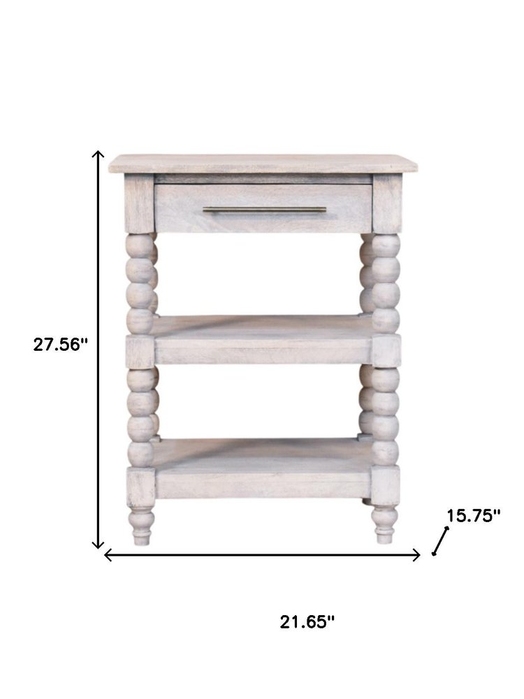 28" Brown And White Distressed Solid Wood End Table With Drawer And Two Shelves — view 10