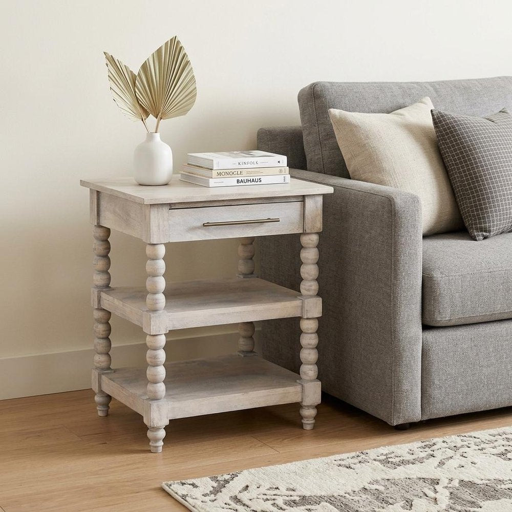28" Brown And White Distressed Solid Wood End Table With Drawer And Two Shelves — view 11