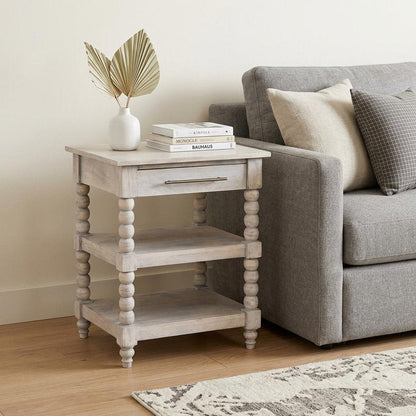 28" Brown And White Distressed Solid Wood End Table With Drawer And Two Shelves