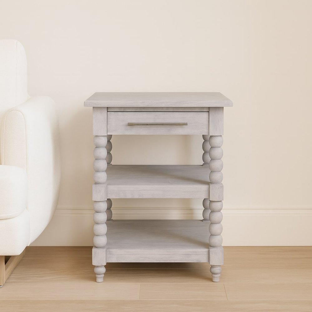 28" Brown And White Distressed Solid Wood End Table With Drawer And Two Shelves — view 9