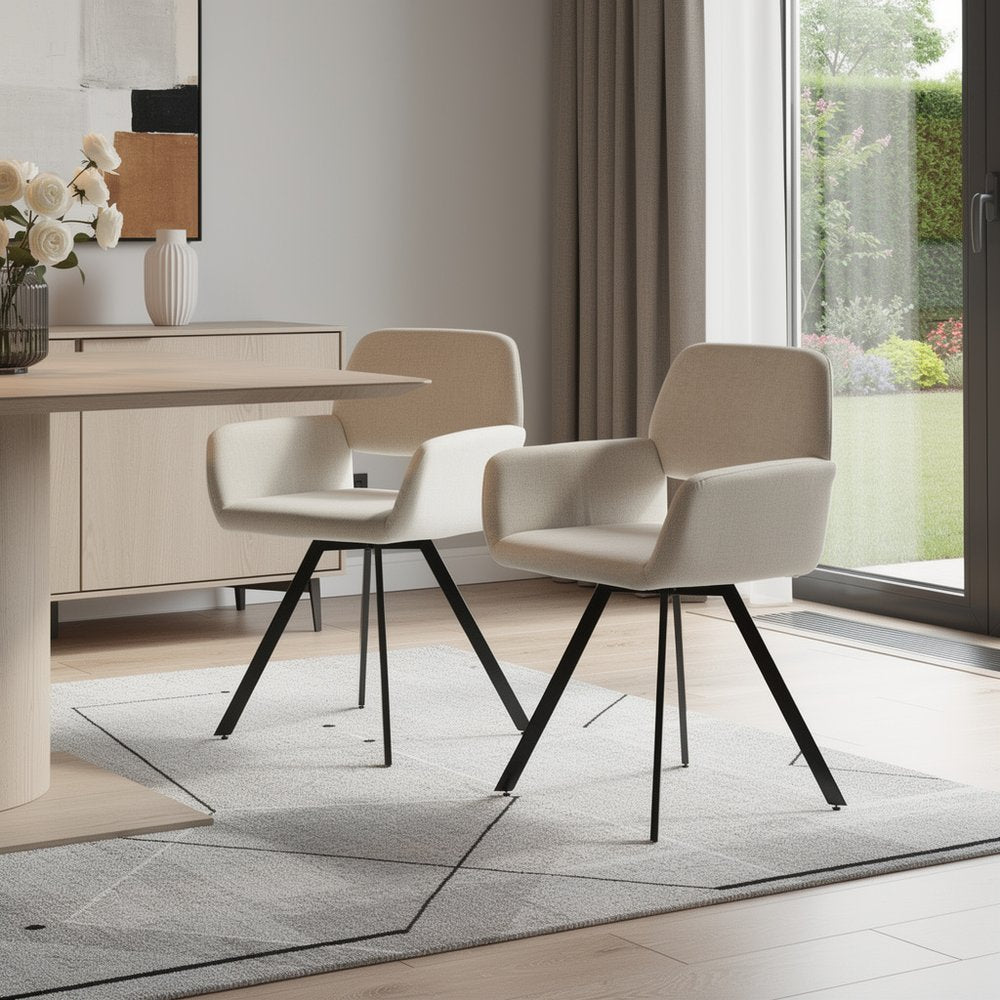 Set of Two Beige and Black Fabric and Steel Dining Arm Chairs HomeRoots