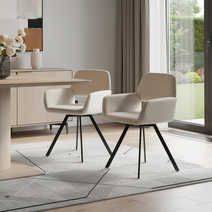 Set of Two Beige and Black Fabric and Steel Dining Arm Chairs HomeRoots