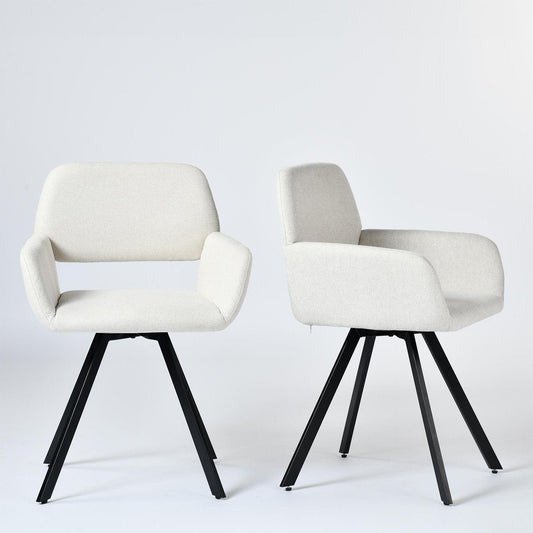 Set of Two Beige and Black Fabric and Steel Dining Arm Chairs HomeRoots