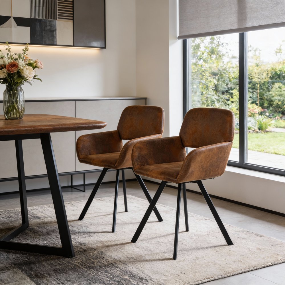 Set of Two Espresso and Black Faux Suede and Steel Dining Arm Chairs HomeRoots