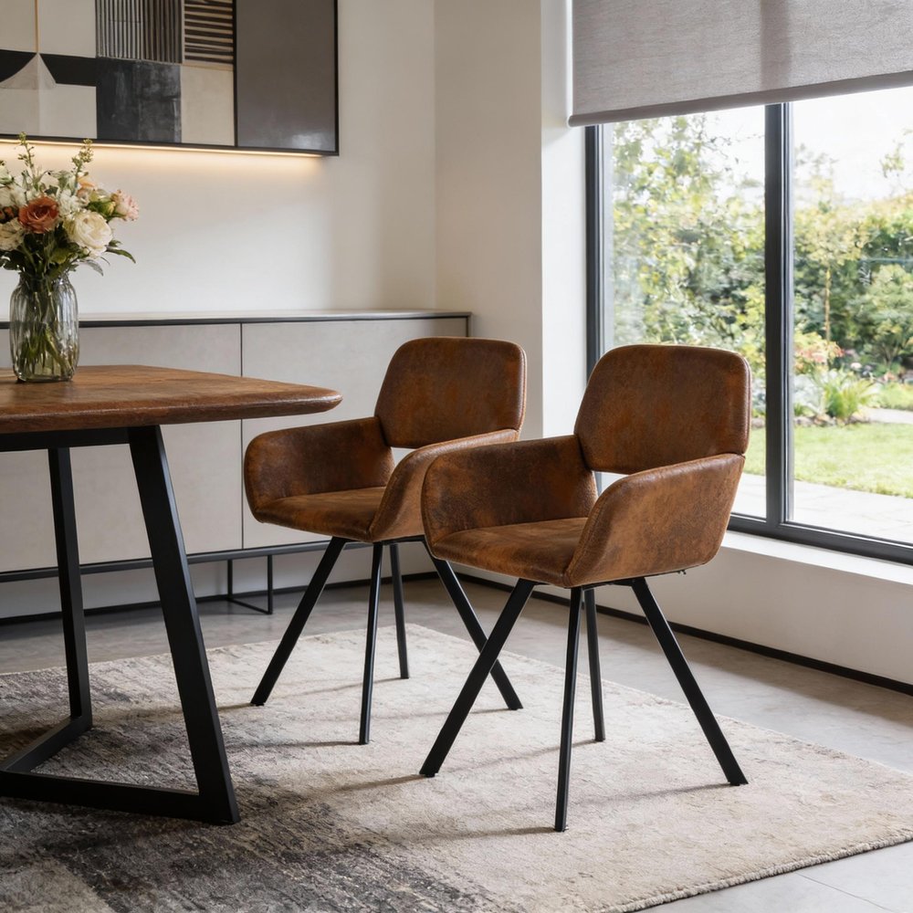 Set of Two Espresso and Black Faux Suede and Steel Dining Arm Chairs HomeRoots