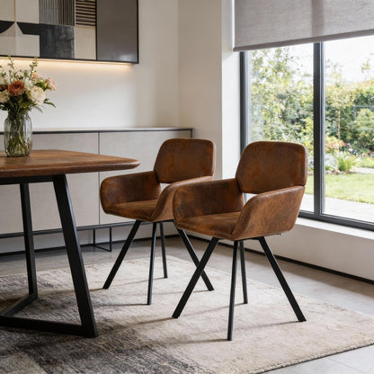 Set of Two Espresso and Black Faux Suede and Steel Dining Arm Chairs HomeRoots