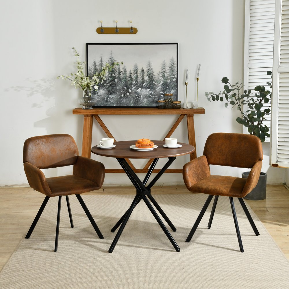 Set of Two Espresso and Black Faux Suede and Steel Dining Arm Chairs HomeRoots