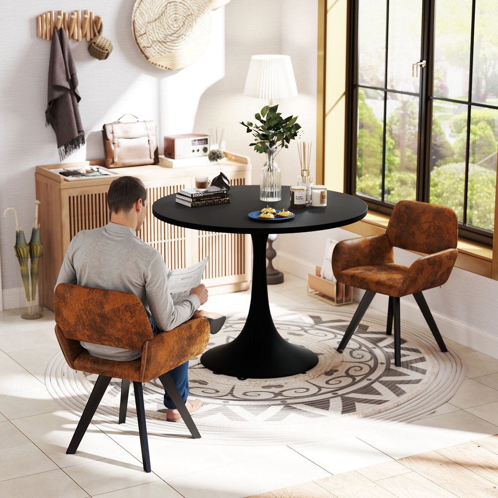 Set of Two Espresso and Black Faux Suede and Steel Dining Arm Chairs HomeRoots