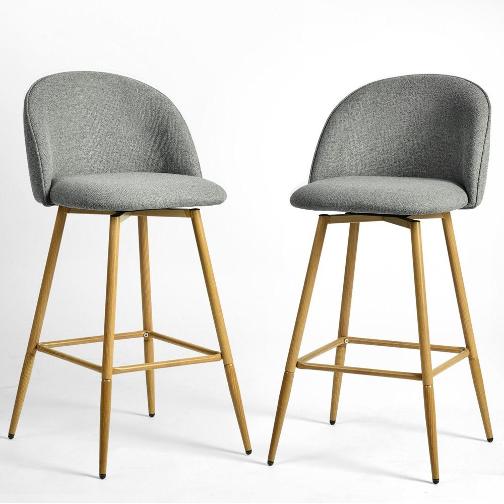 Set of Two 27" Gray And Oak Fabric And Metal Low Back Counter Height Swivel Bar Chairs HomeRoots