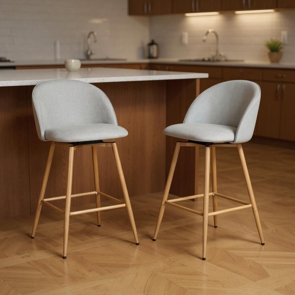 Set of Two 27" Gray And Oak Fabric And Metal Low Back Counter Height Swivel Bar Chairs HomeRoots