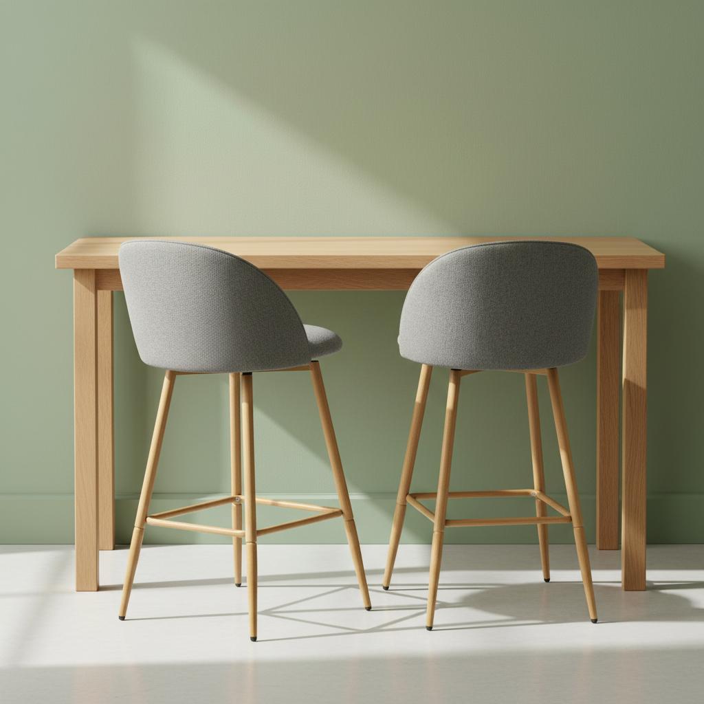 Set of Two 27" Gray and Oak Fabric and Metal Low Back Counter Height Swivel Bar Chairs HomeRoots