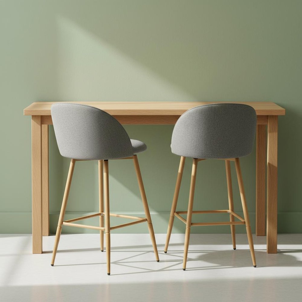 Set of Two 27" Gray And Oak Fabric And Metal Low Back Counter Height Swivel Bar Chairs HomeRoots