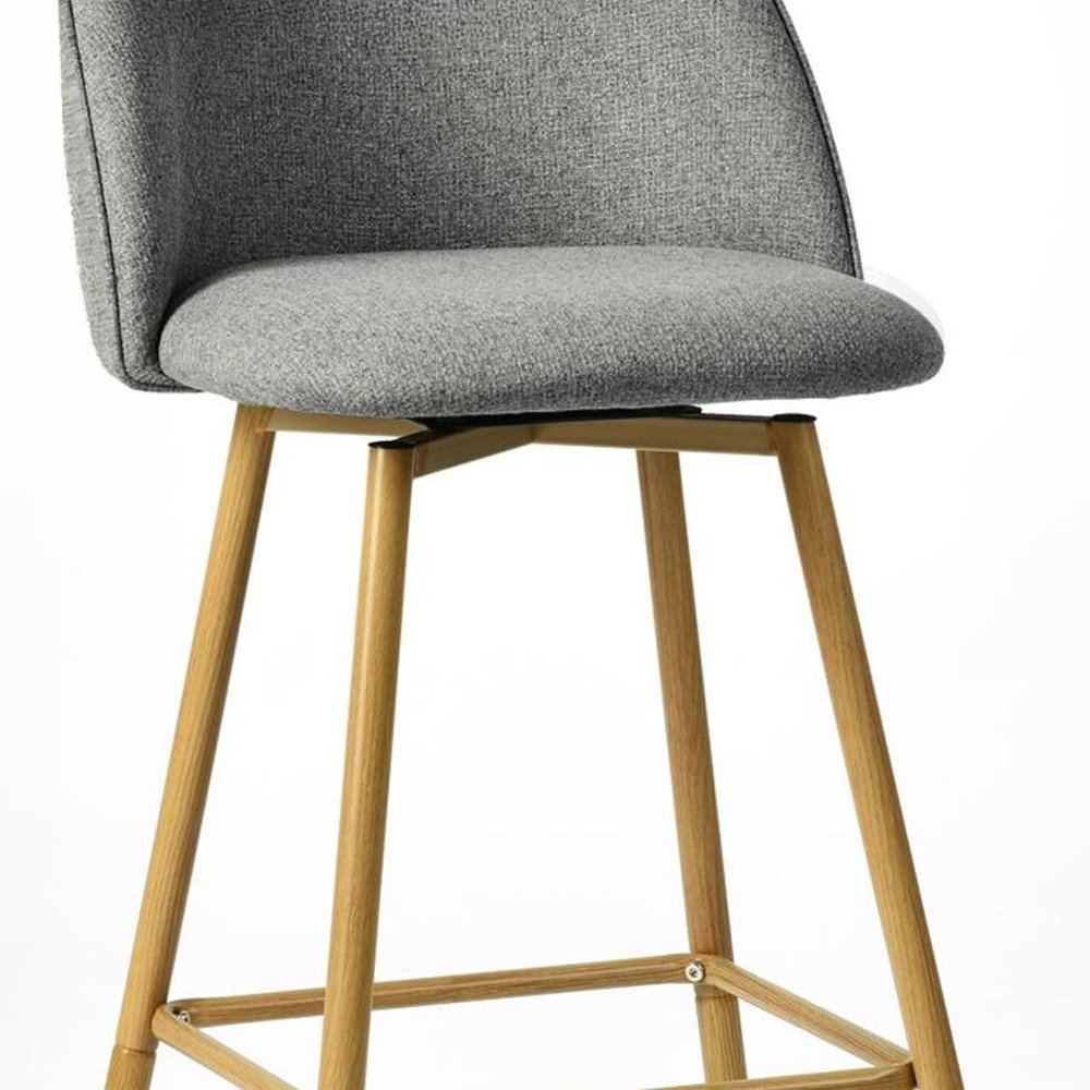 Set of Two 27" Gray And Oak Fabric And Metal Low Back Counter Height Swivel Bar Chairs HomeRoots