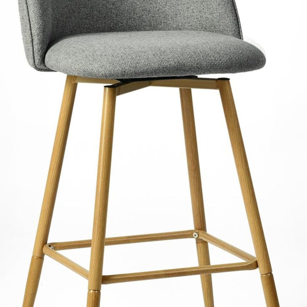 Set of Two 27" Gray And Oak Fabric And Metal Low Back Counter Height Swivel Bar Chairs HomeRoots