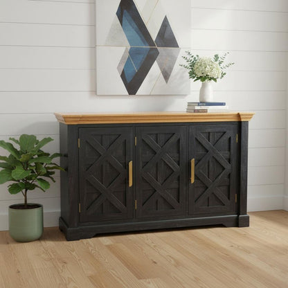 59" Black And Oak Distressed Solid Wood Carved Geometric Sideboard With Three Doors HomeRoots