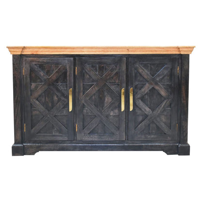 59" Black And Oak Distressed Solid Wood Carved Geometric Sideboard With Three Doors HomeRoots