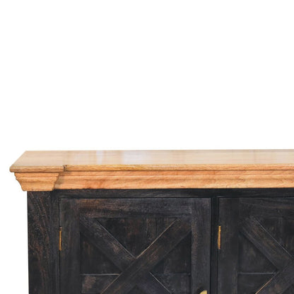 59" Black And Oak Distressed Solid Wood Carved Geometric Sideboard With Three Doors HomeRoots
