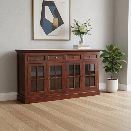 65" Brown Distressed Solid Wood Paneled Four Drawer Sideboard With Four Glass Doors HomeRoots
