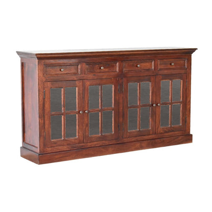 65" Brown Distressed Solid Wood Paneled Four Drawer Sideboard With Four Glass Doors HomeRoots
