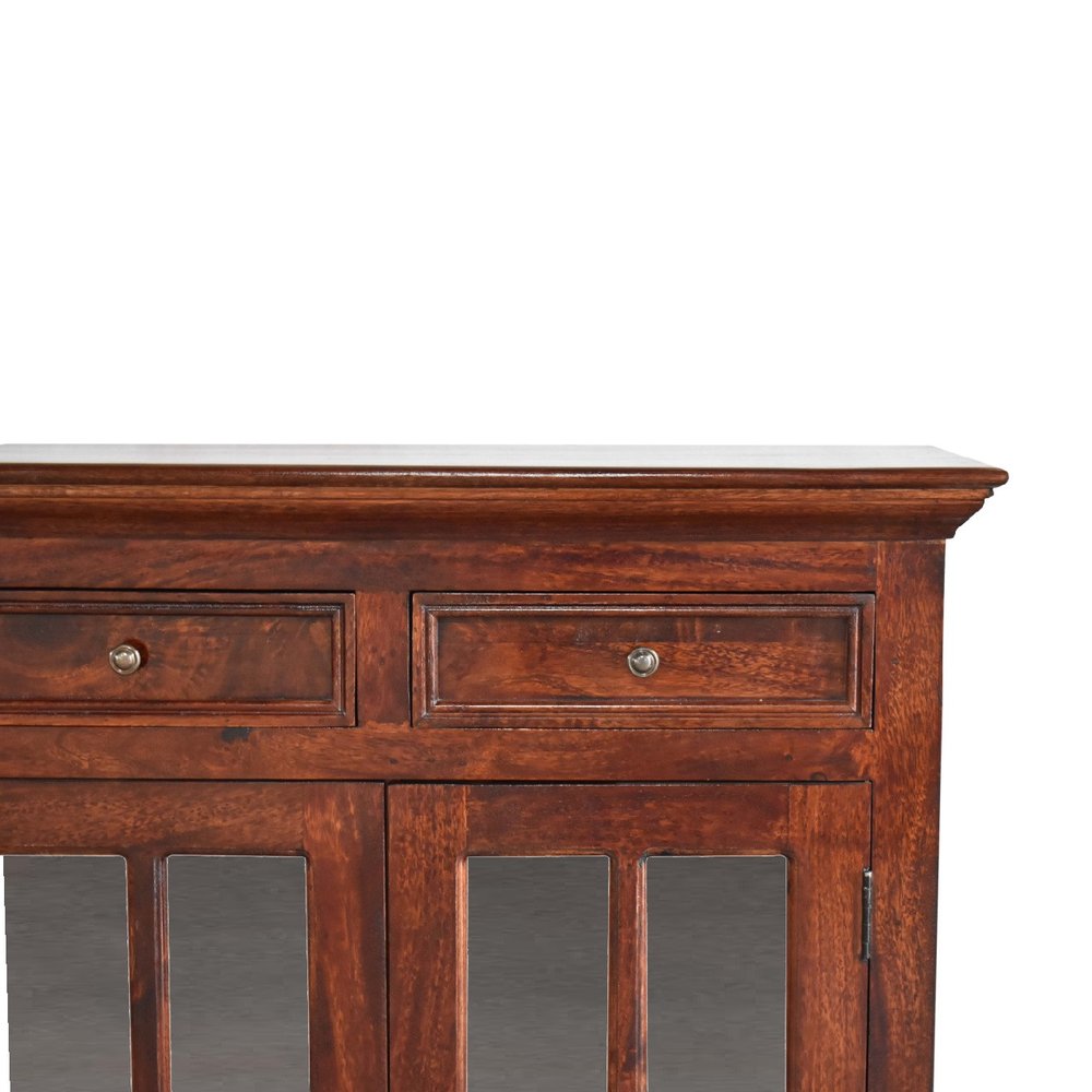 65" Brown Distressed Solid Wood Paneled Four Drawer Sideboard With Four Glass Doors — view 6