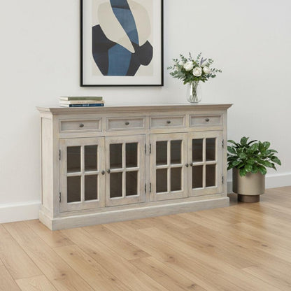 65" Stone Distressed Solid Wood Paneled Four Drawer Sideboard With Four Glass Doors HomeRoots