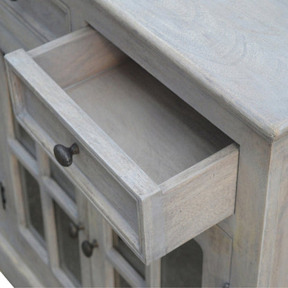 65" Stone Distressed Solid Wood Paneled Four Drawer Sideboard With Four Glass Doors