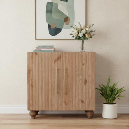 32" Sand Distressed Solid Wood Ribbed Texture Sideboard With Two Doors HomeRoots