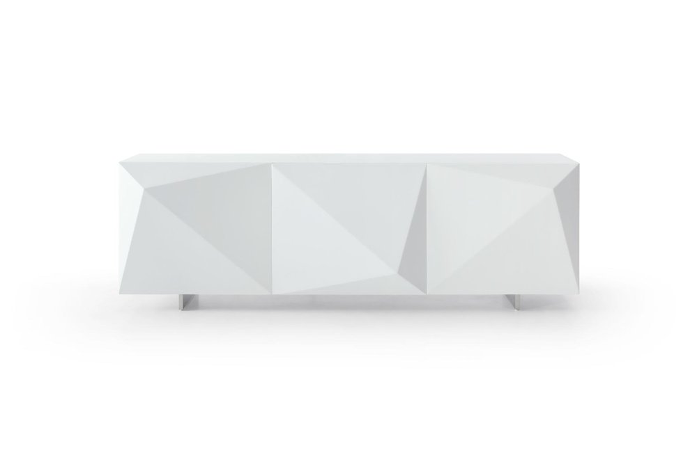 87" White Wood Carved Geometric Sideboard With Three Doors HomeRoots