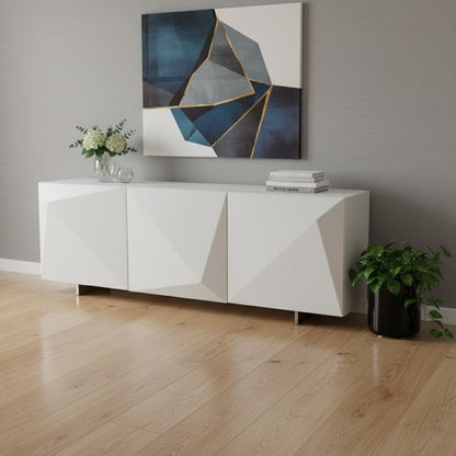 87" White Wood Carved Geometric Sideboard With Three Doors HomeRoots