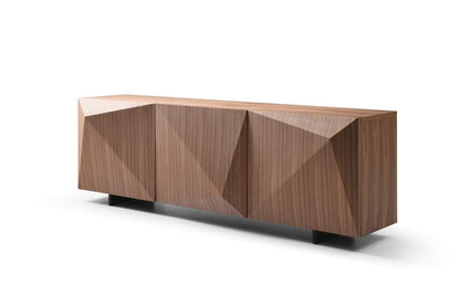87" Walnut Wood Carved Geometric Buffet Table With Three Doors HomeRoots