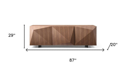 87" Walnut Wood Carved Geometric Buffet Table With Three Doors HomeRoots
