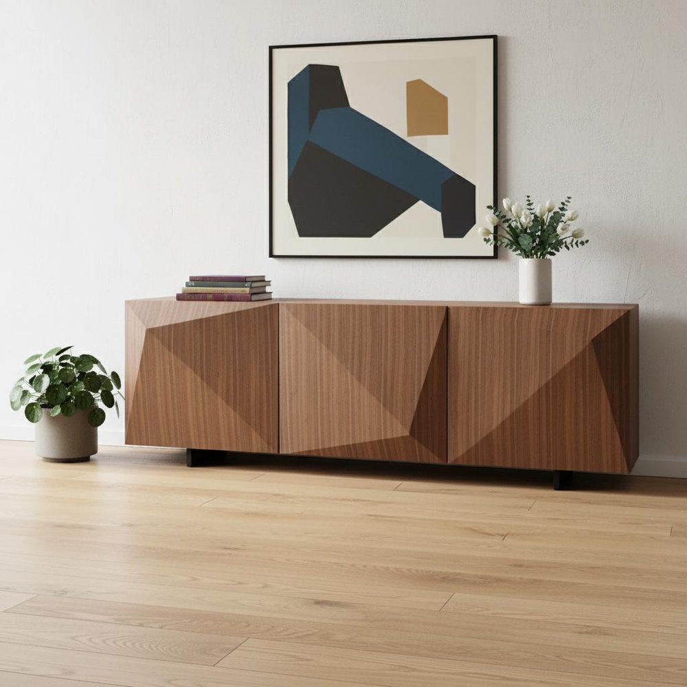 87" Walnut Wood Carved Geometric Buffet Table With Three Doors HomeRoots
