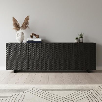 94" Dark Gray Wood Carved Geometric Sideboard With Four Doors HomeRoots