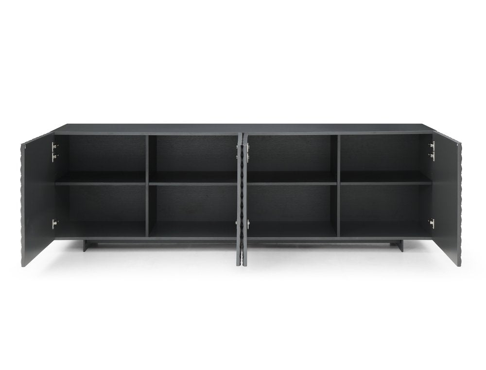 94" Dark Gray Wood Carved Geometric Sideboard With Four Doors HomeRoots