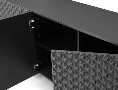 94" Dark Gray Wood Carved Geometric Sideboard With Four Doors HomeRoots
