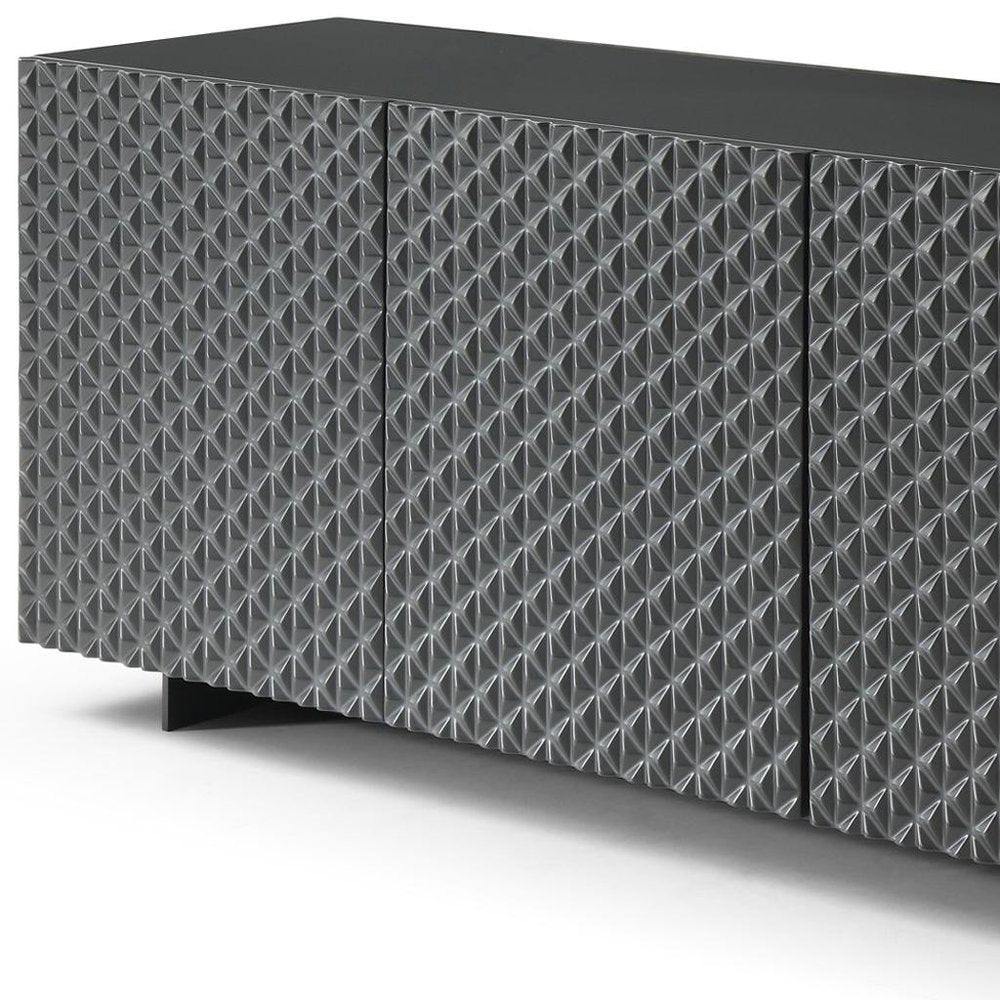 94" Dark Gray Wood Carved Geometric Sideboard With Four Doors HomeRoots