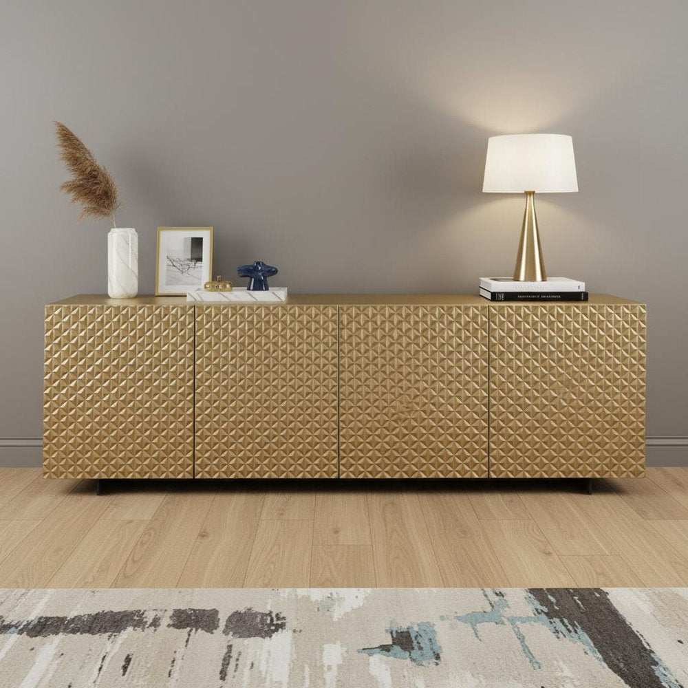 94" Gold Wood Carved Geometric Sideboard With Four Doors HomeRoots