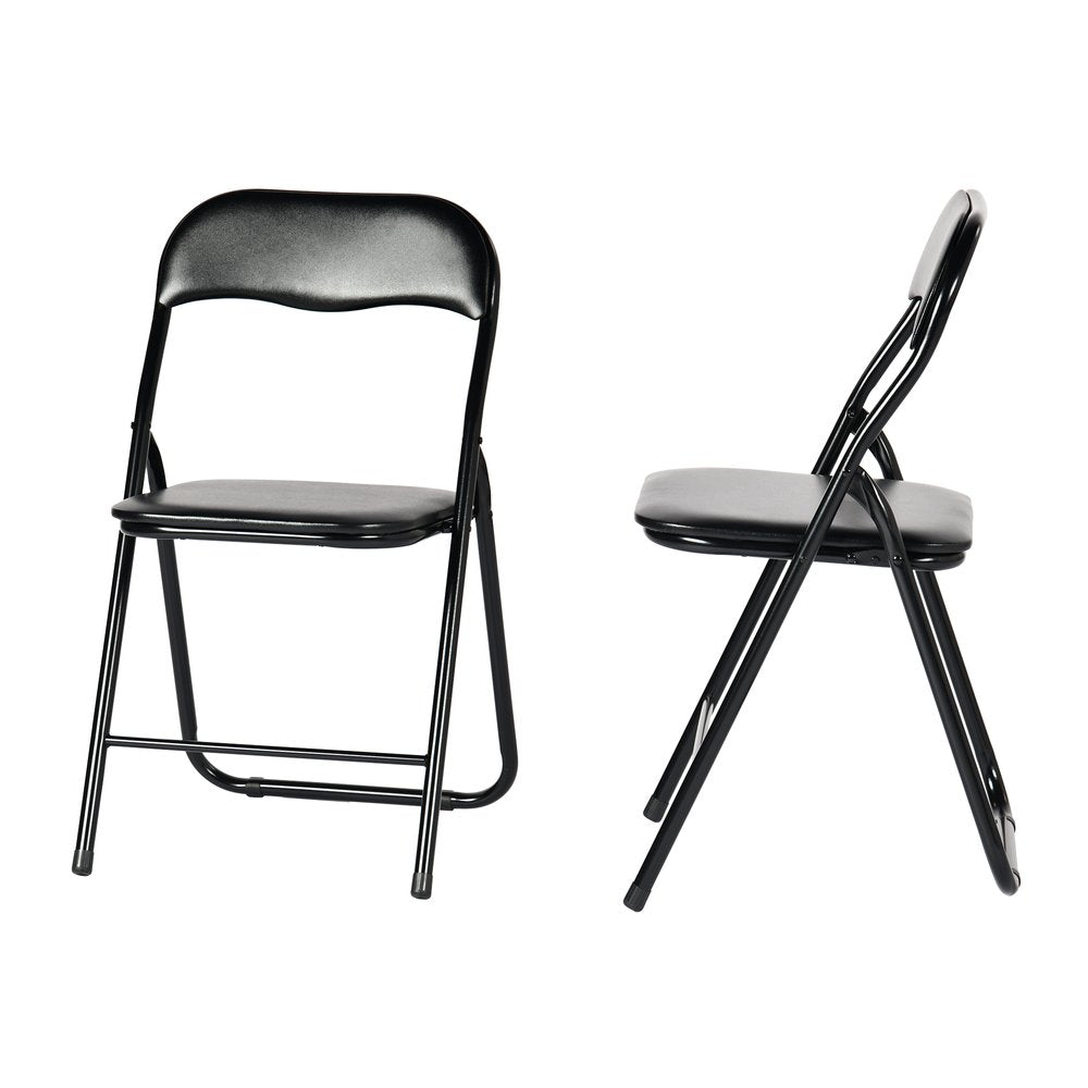Set of Two Black Faux Leather and Steel Folding Chairs HomeRoots