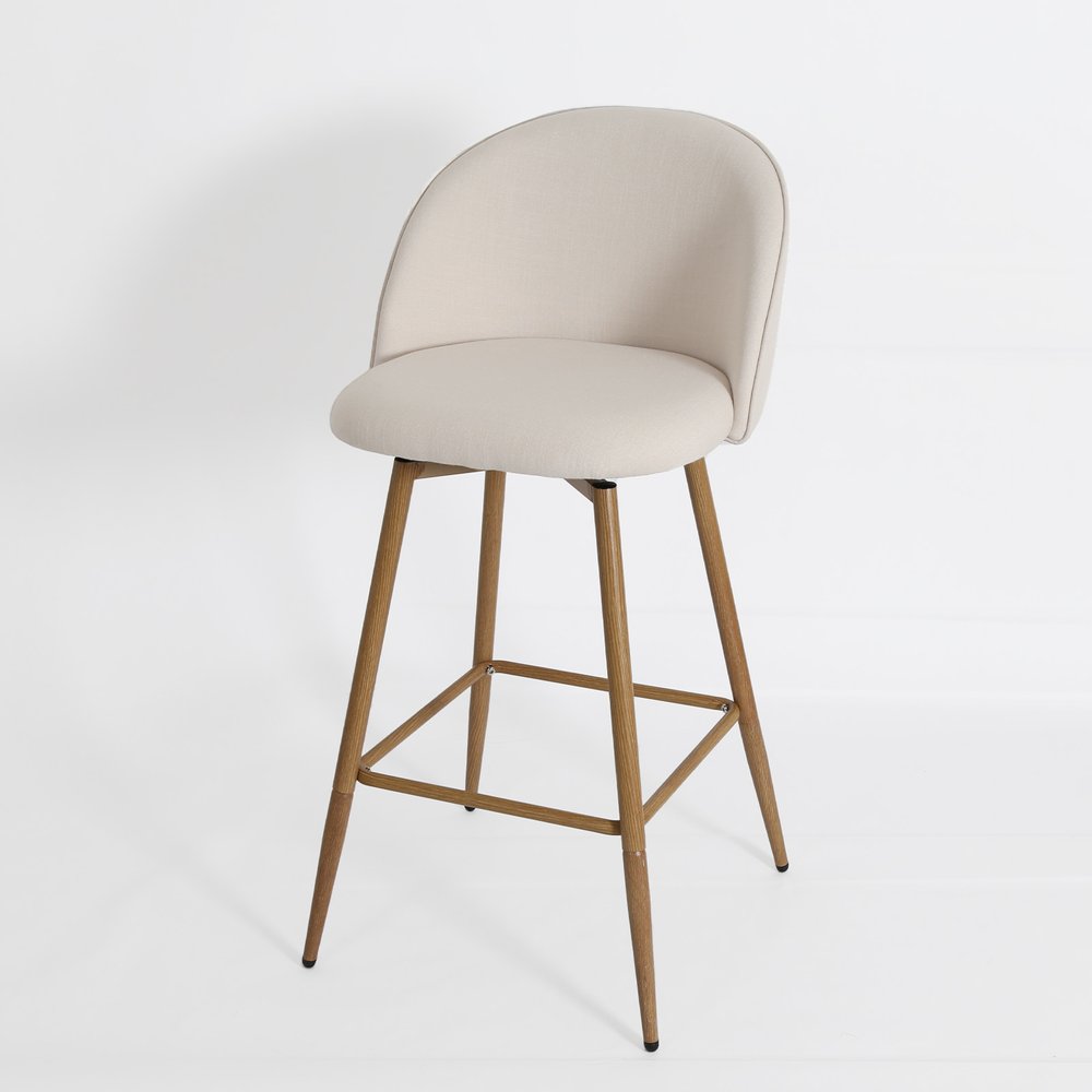 27" Beige And Oak Fabric And Metal Low Back Counter Height Swivel Bar Chair HomeRoots