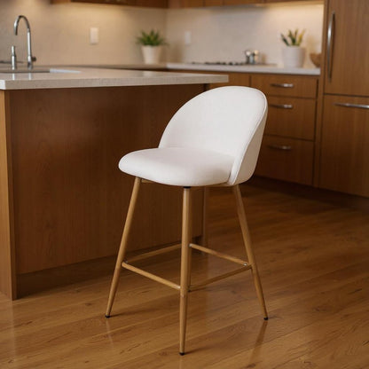 27" Beige And Oak Fabric And Metal Low Back Counter Height Swivel Bar Chair HomeRoots