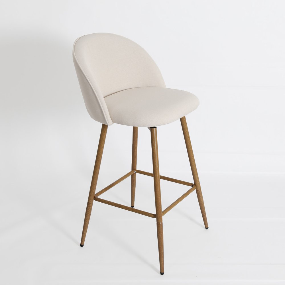 27" Beige And Oak Fabric And Metal Low Back Counter Height Swivel Bar Chair HomeRoots