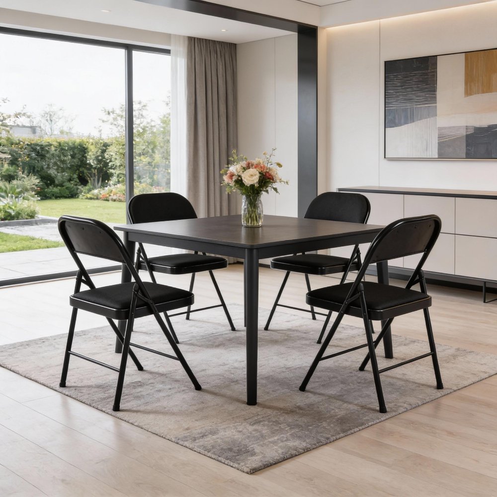 Set of Four Black Faux Leather and Steel Folding Chairs HomeRoots
