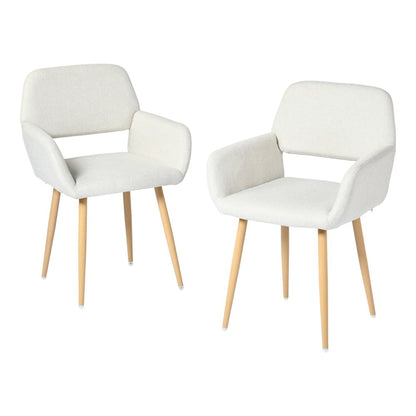 Set of Two Beige and Oak Fabric and Steel Dining Arm Chairs HomeRoots