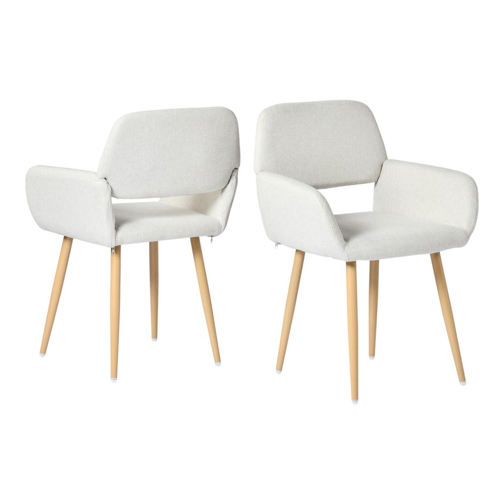 Set of Two Beige and Oak Fabric and Steel Dining Arm Chairs HomeRoots