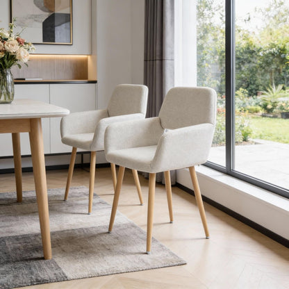 Set of Two Beige and Oak Fabric and Steel Dining Arm Chairs HomeRoots