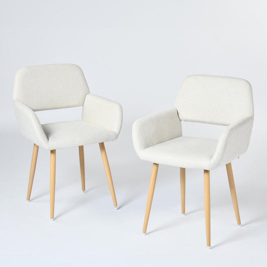 Set of Two Beige and Oak Fabric and Steel Dining Arm Chairs HomeRoots