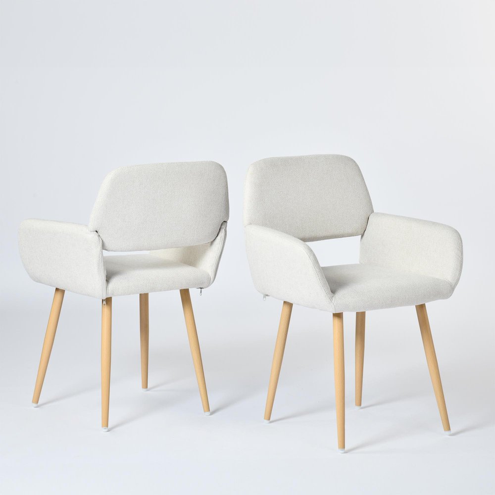 Set of Two Beige and Oak Fabric and Steel Dining Arm Chairs HomeRoots