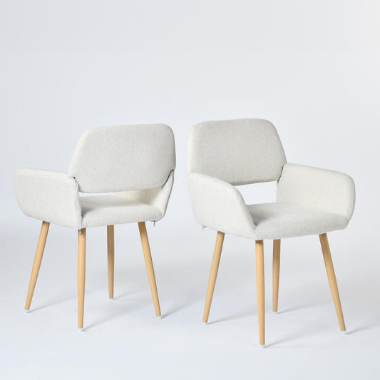 Set of Two Beige and Oak Fabric and Steel Dining Arm Chairs HomeRoots