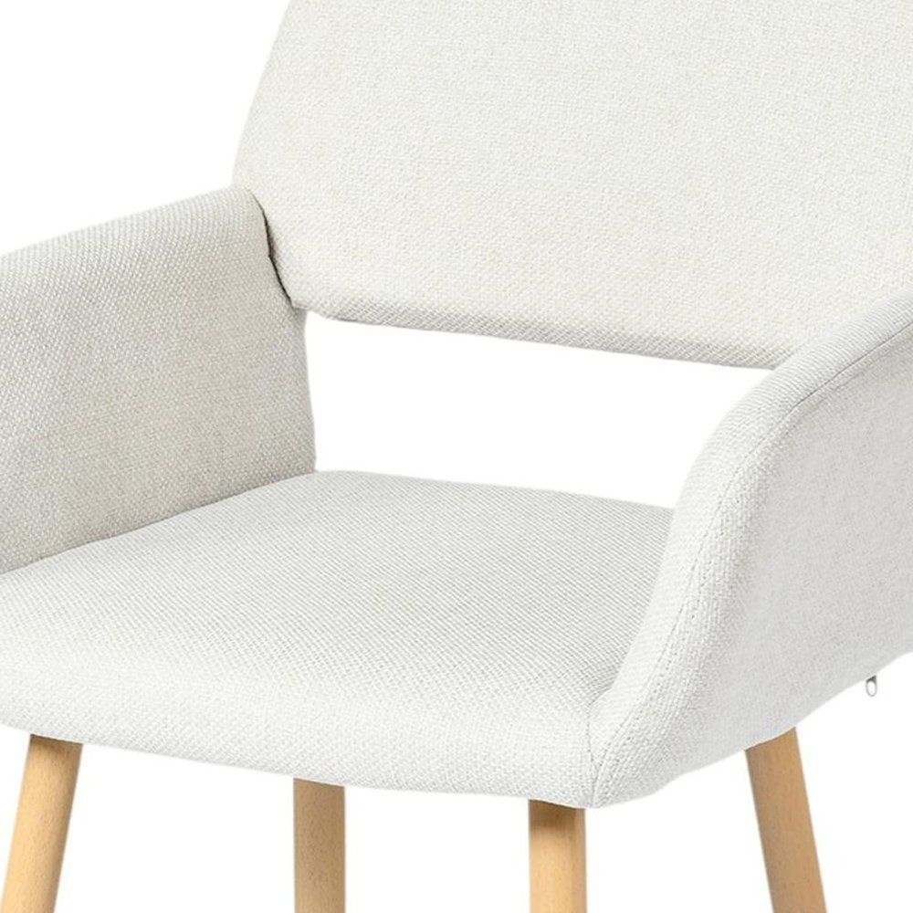 Set of Two Beige and Oak Fabric and Steel Dining Arm Chairs HomeRoots